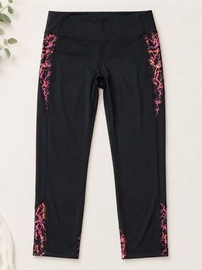 Exertek Black Cropped Athletic Leggings Pink Print Workout Pants Size Large